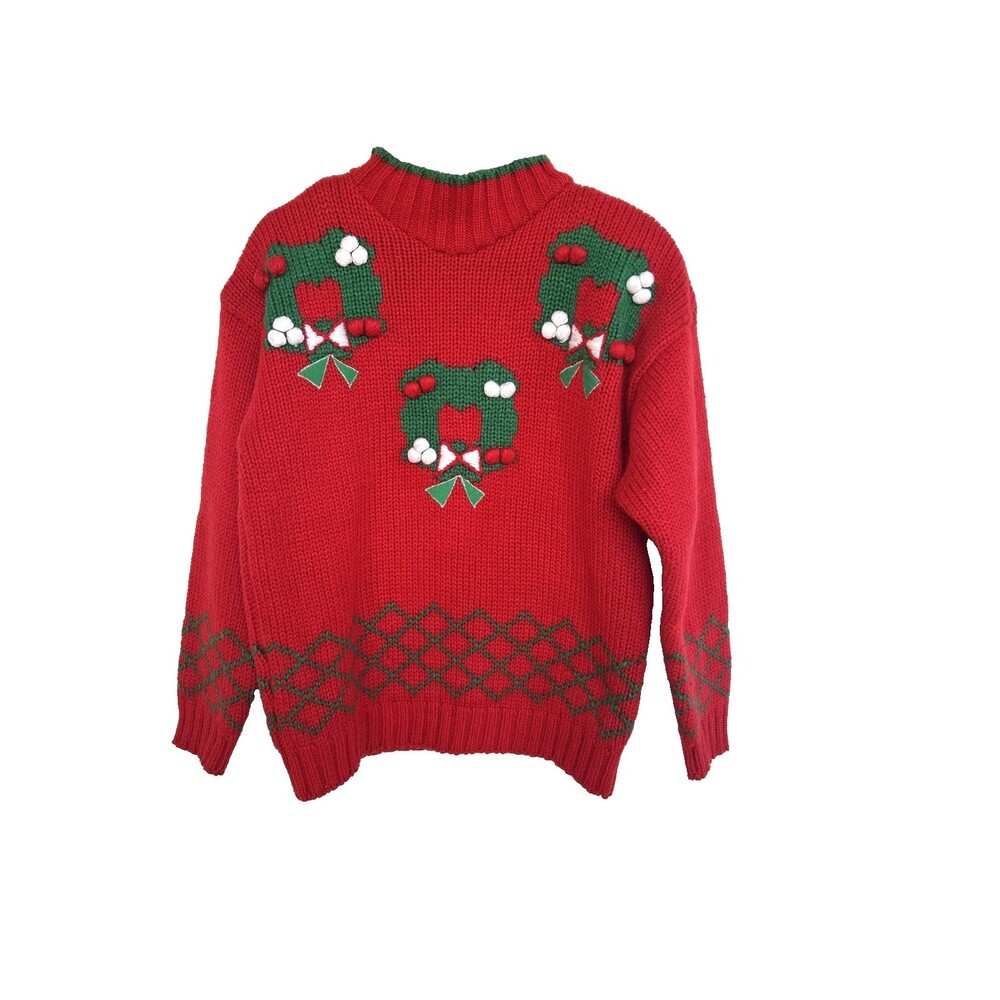 Karen Scott Petites Christmas Sweater Red Wreath Sz PM VTG Holiday 80s 90s Korea